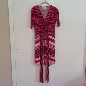 Donna Morgan faux wrap printed fit and flare dress